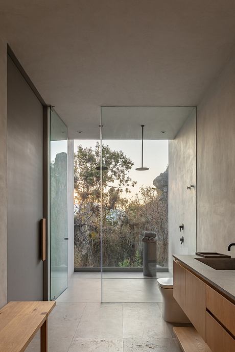 Sleek, modern bathroom with floor-to-ceiling glass offering scenic woodland view.