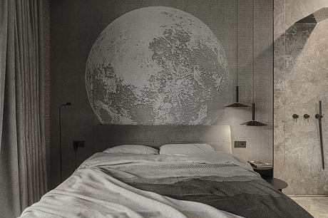 A futuristic bedroom with a dramatic moon-like sphere as the focal point, creating an otherworldly ambiance.