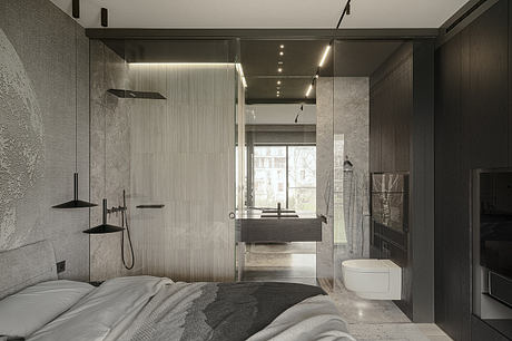 Sleek, modern bathroom with glass partition, minimalist design, and natural-toned finishes.