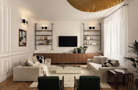 Elegant living room with harmonious neutral tones, modern shelving, and cozy furniture.