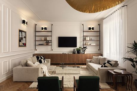 Elegant living room with harmonious neutral tones, modern shelving, and cozy furniture.