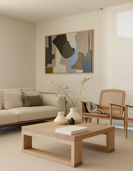 A minimalist living room with a wooden coffee table, neutral-toned sofa, and abstract art.