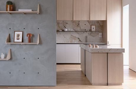 Sleek, modern kitchen with minimalist gray walls, wood cabinetry, and marble countertops; cozy dog napping on rug.