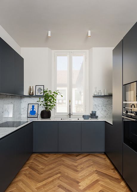 Sleek, modern kitchen with black cabinetry, marble backsplash, and herringbone wood flooring.
