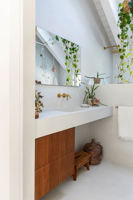 A modern, minimalist bathroom with wooden vanity, hanging plants, and decorative accents.