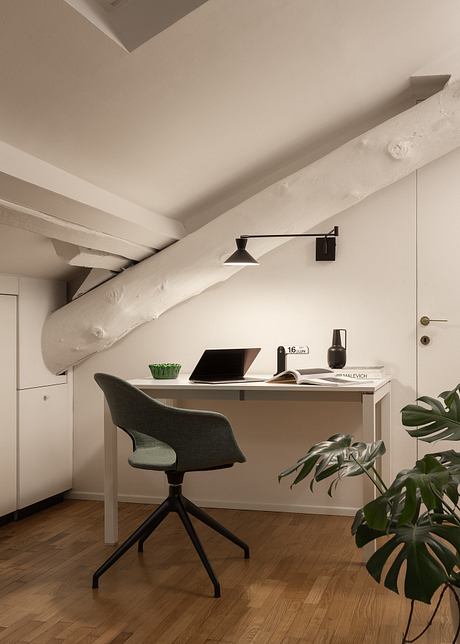 A modern, minimalist workspace with wooden floors, exposed ceiling beams, and a desk with a laptop.