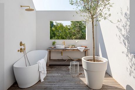 Elegant bathroom design with rustic vanity, freestanding tub, and indoor olive tree.