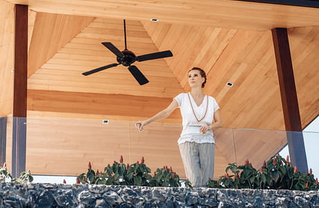 Wooden ceiling with ceiling fan, potted plants, and stone wall create a cozy, rustic ambiance.