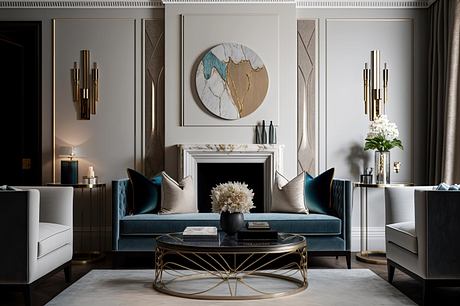 Luxurious living room with modern fireplace, round artwork, and metallic accents.