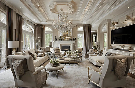 Luxurious living room with ornate ceiling, chandelier, and plush seating arrangement.