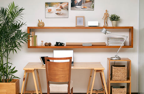 Minimalist home office with wooden desk, shelves, and plant decor.