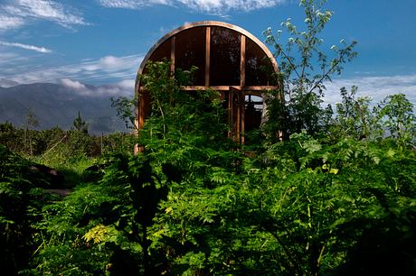 A wooden, half-domed structure nestled among lush, verdant foliage and trees.