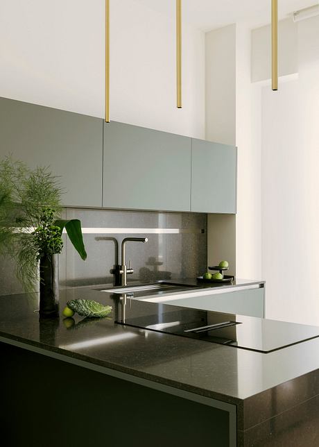 Minimalist kitchen with sleek gray cabinets, stainless steel sink, and green accents.