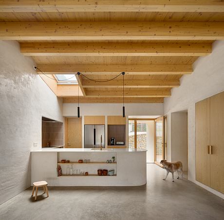 An open-plan kitchen with a wooden beam ceiling, concrete floors, and a deer wandering through.