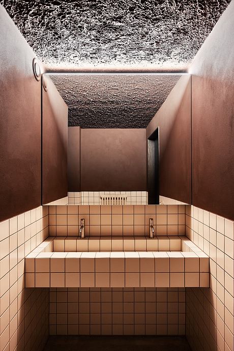 Striking geometric patterns and textures in this minimalist bathroom design.