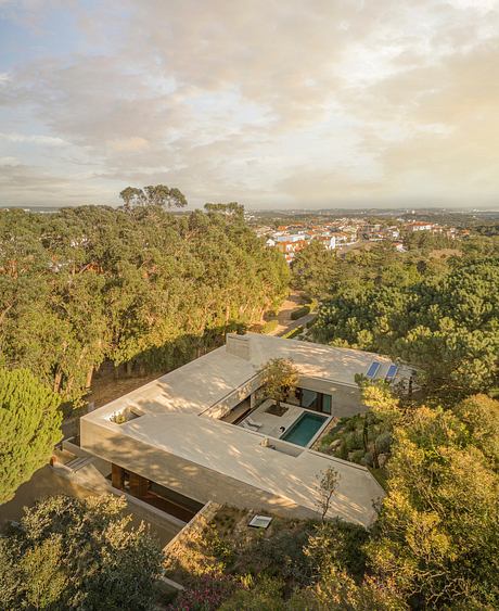 Striking modern home nestled among lush greenery, with pool and expansive views.