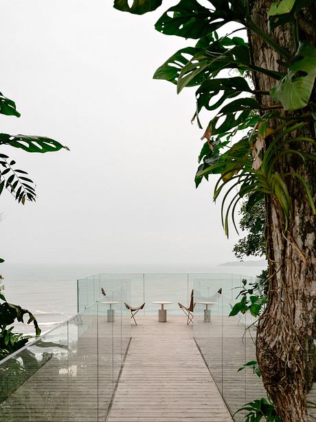 A wooden boardwalk leads to a minimalist outdoor seating area surrounded by lush foliage.