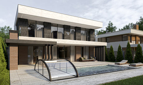 Modern two-story house with glass walls, pool, and landscaped garden. Sleek architectural design.