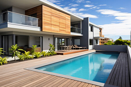 A modern, two-story home with a sleek design, featuring a wooden exterior, glass walls, and an inviting pool area.