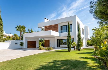Modern, minimalist home design with clean lines, wood accents, and lush landscaping.