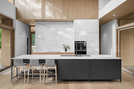 Modern open kitchen with sleek marble countertop, wood paneled walls, and minimalist gray furnishings.