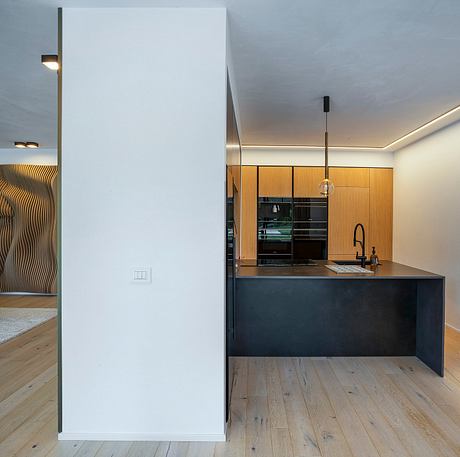 A modern kitchen with sleek black countertops, warm wood cabinetry, and minimalist lighting.