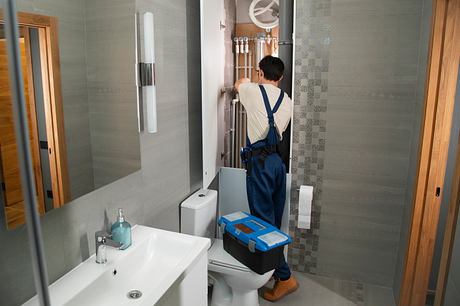 Modern bathroom with gray tiled walls, vanity, and toilet; worker in uniform inspecting equipment.