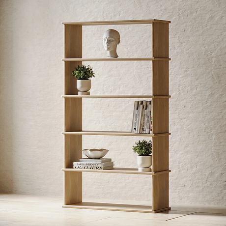 A minimalist wooden bookshelf with shelves displaying decorative objects and books.
