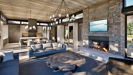 Cozy rustic interior with stone fireplace, wooden ceiling, and modern furniture.