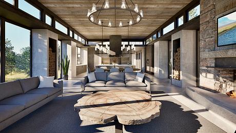 Spacious rustic-modern interior with wooden ceiling, large windows, and a unique coffee table.