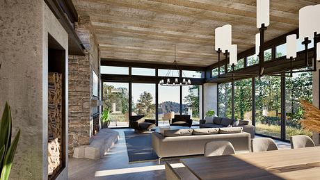 Spacious modern living room with a large window offering scenic views, wooden ceiling beams, and contemporary lighting fixtures.