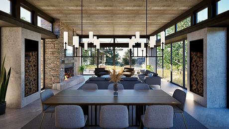 Rustic modern interior with wooden beams, stone fireplace, and large windows.