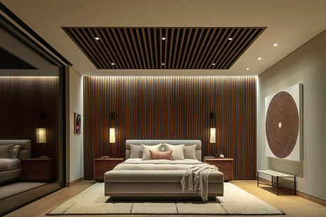 Elegant contemporary bedroom with striking wooden slat wall and modern furnishings.
