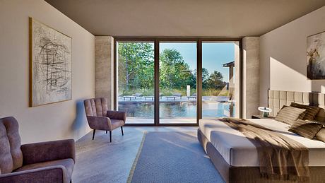 Spacious modern bedroom with floor-to-ceiling windows, plush furniture, and pool view.