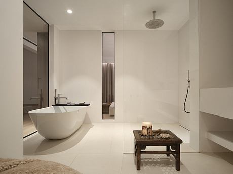 Luxurious modern bathroom with freestanding tub, minimalist decor, and overhead shower.