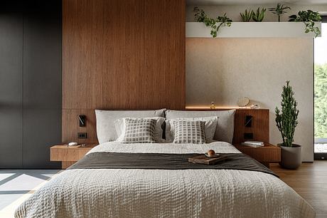 Minimalist bedroom with warm wood paneling, built-in nightstands, and potted plants adding natural touches.