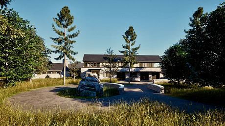 Upscale resort-style hotel nestled among lush greenery, featuring modern architecture.