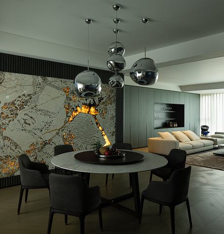 Sleek modern interior with marble accent wall, chrome pendant lights, and minimalist furniture.