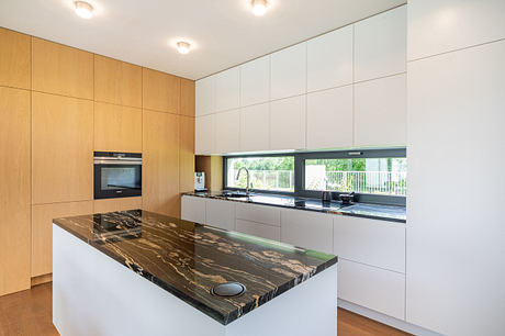 Modern minimalist kitchen with wood panel walls, built-in appliances, and sleek marble countertop.