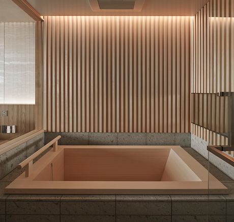 A modern, minimalist bathroom design with warm wooden paneling and a sunken tub.