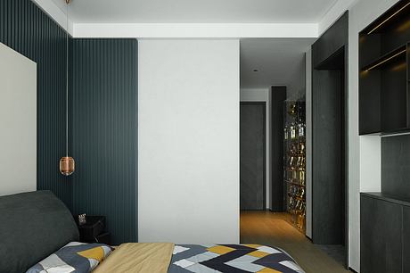 Modern, minimalist bedroom with dark paneled walls, recessed lighting, and a floating wall unit.
