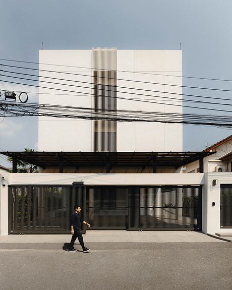 A striking architectural design with contrasting vertical and horizontal elements.