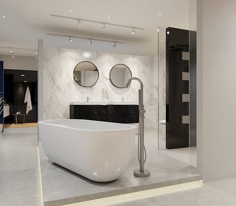 Luxurious modern bathroom with sleek white tub, marble walls, and circular mirrors.